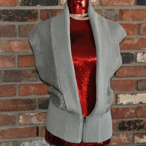A/X Armani Exchange Sleeveless Gray Metallic Silver Knit Zip-up Sweater Vest S - Picture 3 of 13